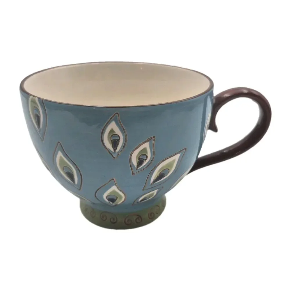 Pier 1 Handpainted Peacock Feathers Footed Mug 16oz Dolomite GORGEOUS
